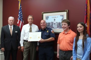 (l-r) Fire Chief Danny Bowman; County Manager Doug Derrer; Captain Brian Wilson and his children Jonathan and Katherine